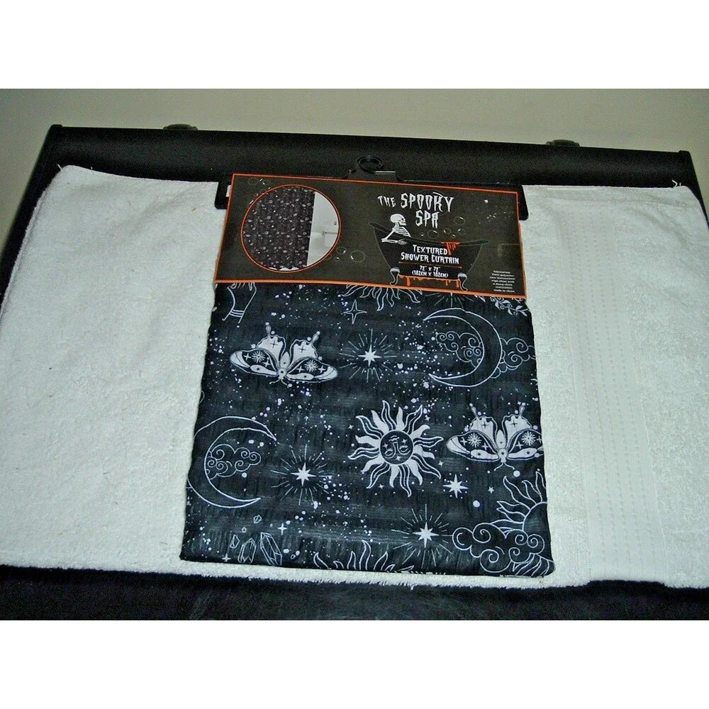 New Spooky Spa Textured Shower Curtain Featuring Celestial Stars Moons Moths